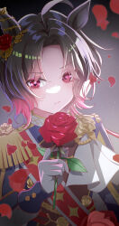  0niq 1girl absurdres ahoge animal_ears blush brooch brown_hair closed_mouth commentary_request ear_flower ear_ornament epaulettes falling_petals flower flower_brooch four-pointed_star gloves gradient_hair highres holding holding_flower horse_ears horse_girl jacket jewelry long_sleeves looking_at_viewer multicolored_hair petals print_sash red_hair red_sash revision rose_kingdom_(racing)_(umamusume) rose_kingdom_(umamusume) rose_petals sash short_hair single_epaulette solo two-tone_hair umamusume upper_body vertical-striped_sleeves white_gloves 