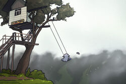  1girl 1other bing_huyue chibi ecuador english_commentary facing_away falling falling_rock grey_hair grey_sky hair_flaps highres hololive hololive_english koseki_bijou long_hair pebble_(koseki_bijou) purple_hair purple_shoes shoes sign simple_bird sky spanish_text stairs swing tree treehouse very_long_hair virtual_youtuber 