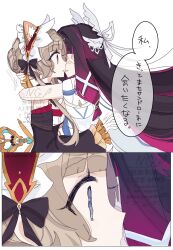  2girls animal_ears bare_shoulders black_bow black_collar black_hair black_sleeves blue_eyes bonnet bow brown_hair cat_ears clockwork collar columbina_(genshin_impact) commentary_request detached_collar detached_sleeves dress eye_mask from_side genshin_impact hair_ornament hair_ribbon head_wings highres hug long_hair mask masoten0824 multicolored_hair multiple_girls multiple_wings open_mouth purple_hair purple_streaks ribbon sandrone_(genshin_impact) simple_background speech_bubble streaked_hair two-tone_hair upper_body very_long_hair white_background white_dress white_wings wing_hair_ornament wings yuri 