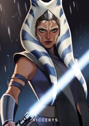  1girl aged_up ahsoka_tano alien artist_name belt blue_eyes blue_shirt bracer close-up colored_skin commentary energy_sword eyelashes facial_mark holding holding_sword holding_weapon jedi lekku_(anatomy) lightsaber orange_skin shirt sleeveless sleeveless_shirt star_wars sword togruta viccerys weapon white_lightsaber 
