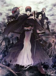  1girl 3boys black_cloak black_hair black_headband brown_hair cloak commentary_request dated eye_trail full_body headband highres holding holding_sheath holding_sword holding_weapon horobi_(kamen_rider_01) humagear_headphones ikazuchi_(kamen_rider_01) jin_(kamen_rider_01) kamen_rider kamen_rider_01_(series) kamen_rider_ark-zero light_trail looking_at_viewer multiple_boys naki_(kamen_rider_01) necktie rangqui red_eyes robot_ears sheath signature standing sword tokusatsu upper_body weapon 