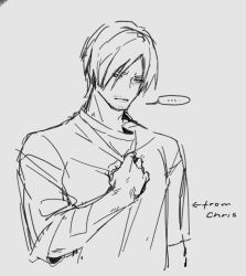  ... 1boy bandaid bandaid_on_arm beard_stubble borrowed_clothes clenched_hand commentary english_commentary expressionless facial_hair guozhihanliangweida_10 hand_on_own_chest leon_s._kennedy oversized_clothes oversized_shirt resident_evil resident_evil:_vendetta shirt short_hair sketch spoken_ellipsis stubble t-shirt upper_body 