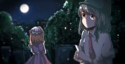 2girls black_eyes black_hair black_hat blonde_hair blurry city collared_shirt commentary_request dress game_asset gegege_no_kitarou ghostly_field_club hat highres holding holding_paper makihako_bunko maribel_hearn medium_hair mob_cap moon multiple_girls necktie night paper parted_lips purple_dress red_necktie sash shirt tombstone touhou tree usami_renko white_hat white_sash white_shirt 