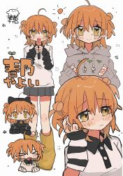  >_< 1girl :d absurdres ahoge arm_warmers blush_stickers boots chibi closed_mouth commentary_request dot_nose double_bun full_body grey_hoodie grey_skirt hair_bun hands_up highres hood hood_down hoodie layered_sleeves long_sleeves looking_at_viewer miniskirt multiple_views open_mouth orange_hair original pleated_skirt rubber_boots shirt short_hair short_over_long_sleeves short_sleeves simple_background skirt smile standing striped_arm_warmers uenae_chiyiro white_background white_shirt yellow_boots yellow_eyes 