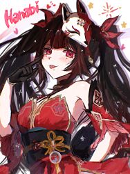  1girl :p absurdres bare_shoulders bell black_choker black_gloves black_hair black_sash blunt_bangs blush breasts choker circle_facial_mark commentary_request detached_sleeves dress facial_mark finger_to_eye fox_mask gloves highres honkai:_star_rail honkai_(series) long_hair looking_at_viewer mark_under_both_eyes mask mask_on_head medium_breasts mirimiri21 neck_bell pink_eyes red_dress red_sleeves sash single_glove solo sparkle_(honkai:_star_rail) tongue tongue_out twintails upper_body 