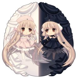  2girls android animal_ears black_dress black_vs_white blonde_hair brown_eyes chibi chibi_only chii chobits commentary curtains dav-19 dress eye_contact freya_(chobits) frilled_dress frills gothic_lolita hat lolita_fashion long_hair looking_at_another multiple_girls nurse_cap persocom_(chobits) pink_dress robot_ears siblings sisters transparent_background twins very_long_hair 