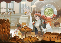  1boy 1girl bag baguette belt beret black_belt black_jacket blonde_hair blue_eyes blush bread brown_eyes brown_hair brown_pants brown_shorts collarbone collared_shirt commentary_request english_text food glass gloves hair_between_eyes hat highres jacket legs loaf long_hair mechanical_hands mege_(megechan) open_mouth original outdoors panda pants red_gloves red_hat shirt shop shopping_bag short_hair shorts suit_jacket sweater t-shirt teeth thighs tongue white_hair white_shirt white_sweater window 