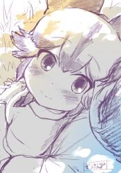  1boy 1girl african_wild_dog_(kemono_friends) animal_ears blush captain_(kemono_friends) closed_mouth dappled_sunlight dog_ears dog_girl dog_tail extra_ears from_above grass head_on_another's_shoulder highres holding_hands hug hug_from_behind kemono_friends leaning_on_person looking_at_another looking_at_viewer looking_up masuyama_ryou multicolored_hair necktie out_of_frame outdoors shirt short_hair sitting smile solo_focus sunlight tail 