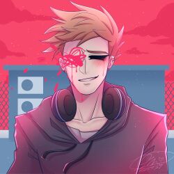  1boy absurdres alternate_universe animification blood blue_hoodie blush brown_hair chain-link_fence chinese_commentary commentary_request crying dear_starboy drawstring east-west_crossover eddsworld fence headphones headphones_around_neck highres hollow_eyes hood hood_down hoodie long_sleeves looking_at_viewer male_focus multiple_pov multiple_views outdoors parody portrait pov red_sky short_hair signature sky smile solo spiky_hair tears tom_(eddsworld) weng_miao yoasobi yoru_ni_kakeru 