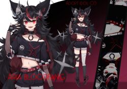  1girl :d ahoge animal_ear_fluff animal_ears arm_warmers asymmetrical_legwear bandage_on_thigh bandaged_ear belt black_bandages black_gloves black_hair black_shirt black_shorts black_socks black_tail bra_strap chain character_name checkered_sleeves collar collarbone cropped_shirt double-parted_bangs fang fingerless_gloves fishnet_arm_warmers fishnets full_body gloves grey_thighhighs hair_ornament highres kuntou_art long_hair looking_at_viewer messy_hair midriff multicolored_hair navel o-ring_collar open_mouth original red_belt red_eyes red_streaks shirt short_sleeves shorts single_shoulder_shirt single_thighhigh smile socks solo standing star_ornament streaked_hair swept_bangs tail teeth thigh-highs torn_clothes torn_thighhighs upper_teeth_only very_long_hair wolf_ears wolf_girl wolf_tail zoom_layer 