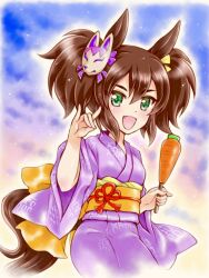  1girl animal_ears blush bow breasts brown_hair carrot commentary_request fang fox_mask fox_shadow_puppet green_eyes hair_between_eyes highres holding holding_stick horse_ears horse_girl horse_tail inari_one_(umamusume) japanese_clothes kimono kuromori_yako long_hair looking_at_viewer mask mask_on_head obi open_mouth purple_kimono sash smile solo stick tail twintails umamusume 