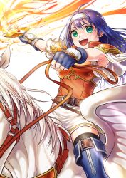  1girl armor belt black_thighhighs blue_boots blue_gloves boots breastplate breasts brown_belt commentary_request fingerless_gloves fire fire_emblem fire_emblem:_radiant_dawn fire_emblem_heroes flaming_sword flaming_weapon gloves green_eyes hairband headband highres holding holding_reins holding_sword holding_weapon horseback_riding kuzumochi_soyo long_hair medium_breasts mia_(fire_emblem) mia_(zenith_challenger)_(fire_emblem) official_alternate_costume open_mouth orange_shirt pegasus purple_hair reins riding shirt short_sleeves shoulder_armor skirt smile sword teeth thigh-highs thigh_boots upper_teeth_only weapon white_hairband white_headband white_shirt white_skirt wings wrist_guards 