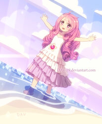  1girl aged_down barefoot beach blush child clothing_cutout clouds cloudy_sky curly_hair dav-19 dress frilled_dress frills gem gem_(steven_universe) navel_cutout outstretched_arms rose_quartz_(steven_universe) sky solo standing star_cutout steven_universe stomach_jewel walking water white_dress 