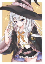  1girl absurdres bare_shoulders black_hat black_robe black_skirt blue_eyes bow braid center_frills closed_mouth collared_shirt commentary_request elaina_(majo_no_tabitabi) frilled_skirt frills gurin_(cakx8782) hair_between_eyes hair_bow hat highres holding long_hair long_sleeves looking_at_viewer majo_no_tabitabi neck_ribbon open_clothes open_robe pink_bow pink_ribbon pleated_skirt ribbon robe shirt side_braid sign single_braid single_off_shoulder skirt sleeveless sleeveless_shirt solo white_hair white_shirt witch_hat yellow_background yellow_ribbon 