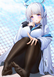  1girl black_pantyhose blue_archive blue_necktie blush breasts chain-link_fence collared_shirt commentary_request fence full_body halo hand_on_own_knee headphones highres jacket large_breasts long_hair long_sleeves looking_at_viewer mechanical_halo necktie noa_(blue_archive) off_shoulder open_clothes open_jacket pantyhose parted_lips school_uniform shirt sitting skirt sleeves_past_fingers sleeves_past_wrists smile soles solo suit two-sided_fabric two-sided_jacket very_long_hair violet_eyes white_hair white_halo white_jacket white_shirt white_skirt white_suit xfate 
