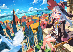  1girl absurdres bare_shoulders bird black_hat black_robe black_shoes black_skirt blue_bird blue_eyes bow braid building center_frills collared_shirt commentary_request elaina_(majo_no_tabitabi) feet_out_of_frame frilled_skirt frills grey_hair hair_between_eyes hair_bow hat highres horizon ibushi_roun long_hair long_sleeves looking_at_viewer majo_no_tabitabi neck_ribbon ocean open_clothes open_mouth open_robe outdoors pink_bow pink_ribbon pleated_skirt ribbon robe shirt shoes side_braid sign single_braid single_off_shoulder sitting skirt sleeveless sleeveless_shirt smile solo white_bird white_hair white_shirt witch witch_hat yellow_ribbon 