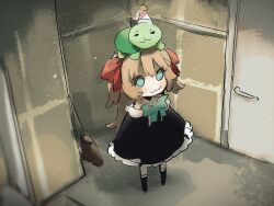  1boy 1girl :3 black_dress black_shoes blue_bow blue_bowtie blue_eyes bow bowtie broom brown_hair closet commentary dress english_commentary from_above from_side full_body hair_between_eyes hair_ribbon hat highres indoors long_hair long_sleeves neuro-sama off-shoulder_dress off_shoulder official_alternate_costume party_hat pasharuu pout red_ribbon ribbon shoes standing stifled_laugh the_stanley_parable turtle vedal987 vedal_ai virtual_youtuber 