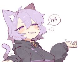  1girl ahoge animal_ear_fluff animal_ears black_hoodie blush cat_ears cat_girl cat_tail closed_mouth cocomayo29_(tomato) commentary_request hololive hood hoodie korean_commentary medium_hair nekomata_okayu nekomata_okayu_(1st_costume) purple_hair smile solo tail violet_eyes virtual_youtuber white_background 