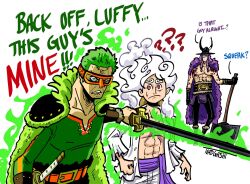 bandages_over_eyes giant katana loki_(one_piece) long_hair monkey_d._luffy monkey_d_luffy multiple_boys one_piece roronoa_zoro short_hair sword toadgashi