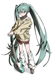  1girl absurdly_long_hair absurdres aqua_eyes aqua_hair brown_shoes brown_sweater closed_mouth collared_shirt commentary electric_guitar fender_stratocaster full_body guitar hair_between_eyes hatsune_miku highres instrument jjeogi38 leg_warmers long_hair long_sleeves miniskirt pleated_skirt red_skirt shadow shirt shoes sidelocks simple_background skirt solo standing sweater twintails untranslatable_commentary v-neck very_long_hair vocaloid white_background white_leg_warmers white_shirt 