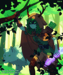  1girl adventure_time antlers arrow_(projectile) black_mask boots cloak colored_sclera colored_skin commentary dav-19 domino_mask english_commentary eye_mask forest gloves green_hair green_sclera green_skin hair_branch hood hooded_cloak horns huntress_wizard leaf looking_at_viewer mask nature plant_hair single_glove slit_pupils solo tree wolf 