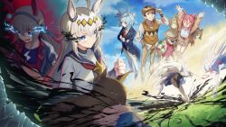  >_< 2boys 6+girls ahoge animal_ears aqua_tail arima_kinen arms_up black_pantyhose blue_eyes blue_headdress blue_jacket blue_sky blue_sweater blue_tank_top boots braid brown_skirt cardigan clenched_hand closed_mouth clouds cloudy_sky crown_braid domino_mask drill_hair ear_covers ear_ornament ear_ribbon eye_mask fingerless_gloves folded_hair fujimasa_march_(racing)_(umamusume) fujimasa_march_(umamusume) full_body gloves grass grey_hair hair_between_eyes hair_ornament hairband hat headband highres horse_ears horse_girl horse_tail jacket kitahara_jou lightning_bolt_symbol long_hair long_sleeves mask multicolored_hair multiple_boys multiple_girls musaka_ginjirou neckerchief newsboy_cap norn_ace_(umamusume) oguri_cap_(starlight_beat)_(umamusume) oguri_cap_(umamusume) open_clothes open_jacket open_mouth open_shirt pants pantyhose pink_shirt red_neckerchief rudy_lemono_(umamusume) running sailor_collar shirt shoes short_hair side_drill skirt sky smile sneakers streaked_hair super_creek_(murmuring_stream)_(umamusume) super_creek_(umamusume) sweater tail tamamo_cross_(fast_as_lightning)_(umamusume) tamamo_cross_(umamusume) tank_top tsujiya_okuyasu umamusume umamusume:_cinderella_gray very_long_hair white_gloves white_jacket white_pants white_shirt 