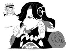 2boys bar_censor censored colored_inner_hair commentary_request crossover crown fate/grand_order fate_(series) flower_ornament greyscale hair_ornament john_lackland_(fate) lion male_focus medium_hair monochrome multicolored_hair multiple_boys parody prince_john_(disney) robin_hood_(disney_movie) simple_background thumb_sucking turtleneck two-tone_hair white_background yoshimura 