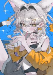  1girl 87gi ahoge animal_ear_fluff animal_ears artist_name bags_under_eyes bare_shoulders bead_necklace beads belt black_choker black_leotard black_shirt blue_background blush bow bow_earrings braid braided_hair_rings cat_ears cat_girl cat_tail choker drink_carton drinking_straw earrings extra_ears fingernails flat_chest grey_hair grey_shorts hair_behind_ear hair_between_eyes hair_bow hair_intakes hair_ornament hair_rings hairclip hand_on_own_chest highres holding holding_drink_carton holding_milk_carton huge_ahoge jewelry leotard leotard_under_clothes lips long_bangs long_eyelashes long_hair looking_at_viewer loose_hair_strand lower_teeth_only milk milk_carton mole mole_under_eye multiple_hair_bows necklace nose_shade on_floor open_fly open_mouth orange_bow orange_eyes orange_raincoat original parallel_hairclips patch playing_with_own_hair raincoat revision ring shirt shorts signature simple_background sitting sleeveless solo sparkle strapless strapless_leotard tail tail_ornament teeth twin_braids very_long_hair white_belt white_leotard white_shirt 