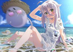  1girl absurdres ahoge beach blush gelillust grey_hair hair_between_eyes hat henya_the_genius henya_the_genius_(summer) highres long_bangs long_hair multicolored_hair open_mouth outdoors purple_hair shirt straw_hat sun_hat virtual_youtuber vshojo water water_drop wet wet_clothes white_shirt yellow_eyes 