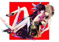  absurdres automaton_(object) bonnet columbina_(genshin_impact) dress eye_mask fatui_coat genshin_impact hair_ornament head_wings headdress highres invisible_shoes mask multicolored_hair multiple_wings purple_streaks sandrone_(genshin_impact) see-through_clothes see-through_mask streaked_hair wings yuri zahauku 