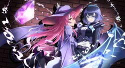  2girls black_gloves black_skirt blue-tinted_eyewear blue_bow blue_eyes blush boots bow breasts checkered_clothes checkered_legwear commentary_request demon_girl demon_tail demon_wings duel_monster evil_twin_ki-sikil evil_twin_lil-la glasses gloves hat high_heels highres ki-sikil_(yu-gi-oh!) lil-la_(yu-gi-oh!) long_hair long_sleeves looking_at_viewer medium_breasts multiple_girls open_mouth orange-tinted_eyewear pink_gloves pink_hair skirt smile sunglasses tail teeth tinted_eyewear v wings yu-gi-oh! yuudachi_(yu_datip) 