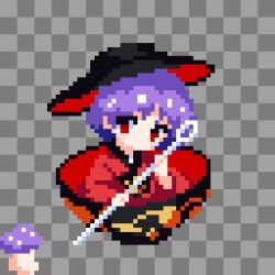  1girl bowl bowl_hat commentary_request hat highres japanese_clothes kimono long_sleeves mini_person minigirl pixel_art purple_hair red_eyes short_hair smile sukuna_shinmyoumaru takeez3 touhou wide_sleeves 