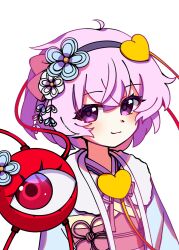  1girl alternate_costume black_hairband blue_kimono blush closed_mouth commentary_request disembodied_linked_eye eyeball flower furisode hair_between_eyes hair_flower hair_ornament hairband heart heart_hair_ornament highres illust_atelier3 japanese_clothes kanzashi kimono komeiji_satori looking_at_viewer obi obijime one-hour_drawing_challenge pink_eyes pink_hair red_sash sash short_hair simple_background smile solo touhou tsumami_kanzashi white_background 