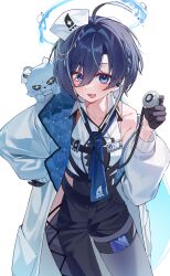  absurdres animal black_gloves braid breast_strap coat collared_vest colored_inner_hair gloves halo highres holding holding_stethoscope indie_virtual_youtuber lab_coat melting_halo mizuchima_komori multicolored_hair newda_al open_mouth side_braid stethoscope vest white_coat 