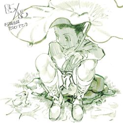  1boy 7enn animal closed_mouth commentary frog gon_freecss green_theme highres hunter_x_hunter lily_pad male_focus monochrome pond rock shirt shoes short_hair shorts sitting smile untranslatable_commentary very_short_hair white_background 