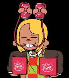  1girl :t animal_ears antlers blonde_hair box brown_fur buck_teeth can checkered_clothes checkered_sweater_vest checkered_vest closed_eyes deer_antlers deer_ears deer_girl deltarune dr_pepper drink_can drinking_straw furry furry_female holding holding_box holding_can horns iluvrabbitz long_hair mundane_utility noelle_holiday prehensile_horns red_nose reindeer_antlers reindeer_girl soda soda_can teeth two-tone_sweater_vest utdr_(toby_fox) vest 