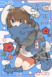  1girl 2023 animal_ears black_shorts black_socks blue_background blue_eyes blue_slippers blush_stickers brown_hair commentary_request double-parted_bangs full_body grey_hoodie hair_between_eyes highres holding holding_stuffed_toy hood hood_down hoodie long_sleeves looking_at_viewer new_year open_clothes open_hoodie open_mouth original rabbit_ears rabbit_girl rabbit_tail shirt short_hair short_shorts shorts slippers socks solo stuffed_animal stuffed_rabbit stuffed_toy tail uenae_chiyiro white_shirt 