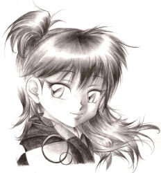  1girl checkered_clothes closed_mouth commentary english_commentary graphite_(medium) high_side_ponytail highres inuyasha lips long_hair portrait rin_(inuyasha) side_ponytail smile solo spelarminlind traditional_media 