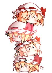  >_< 4girls ? blonde_hair blush bow clone closed_eyes commentary_request crystal facing_viewer flandre_scarlet flapping four_of_a_kind_(touhou) hat hat_bow highres human_tower illust_atelier3 mob_cap multicolored_wings multiple_girls one-hour_drawing_challenge one_side_up pointy_ears red_bow simple_background stacking touhou white_background white_hat wings yukkuri_shiteitte_ne |_| 
