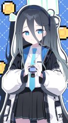  1girl absurdres aris_(blue_archive) black_hair black_skirt blue_archive blue_background blue_eyes blue_hairband blue_necktie closed_mouth collared_shirt commentary_request hairband halo highres holding jacket kei_(robot)_(blue_archive) korean_commentary long_hair long_sleeves necktie notice_lines one_side_up open_clothes open_jacket outline pixelated pleated_skirt puffy_long_sleeves puffy_sleeves shirt skirt smile sprout_(haji_s) very_long_hair white_jacket white_outline white_shirt 