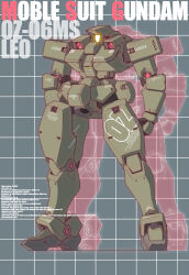  absurdres blue_background character_name commentary_request derivative_work english_text grid_background gundam gundam_wing highres ke_yukikaze leo_(mobile_suit) mecha mecha_focus mobile_suit no_humans original redesign robot roundel science_fiction shadow stats yellow_visor 