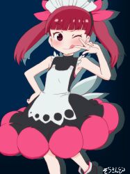  1girl :p ;q absurdres apron artist_name bare_arms bare_shoulders black_dress blue_background blunt_bangs blush bonnet closed_mouth dress drop_shadow flat_chest hair_ribbon hand_on_own_hip hand_up headdress highres jimiko kemurikusa long_hair looking_at_viewer maid_headdress masuyama_ryou one_eye_closed peace_symbol pink_ribbon red_eyes red_hair ribbon rina_(kemurikusa) simple_background sleeveless sleeveless_dress smile solo standing tongue tongue_out twintails v v_over_eye w white_apron 