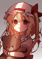  1girl blonde_hair collared_shirt commentary_request crystal crystal_wings flandre_scarlet frilled_shirt_collar frilled_wrist_cuffs frills hair_between_eyes hat hat_ribbon highres hugging_doll hugging_object illust_atelier3 looking_at_viewer mob_cap multicolored_wings one-hour_drawing_challenge one_side_up red_eyes red_vest red_wrist_cuffs ribbon shadow shirt signature solo stuffed_animal stuffed_toy teddy_bear touhou upper_body vest white_hat white_shirt wings wrist_cuffs 