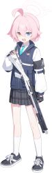 1girl 9ml ahoge arm_at_side armband bags_under_eyes beretta_1301 black_gloves black_shoes black_skirt blue_archive blue_eyes blue_necktie blue_vest blush clenched_hand clothes_writing collared_shirt cross-laced_shoes fang fingerless_gloves full_body game_asset gloves gun_sling hair_between_eyes hair_flaps halo hand_up heterochromia highres hoshino_(blue_archive) hoshino_(first_year)_(blue_archive) large_variant_set load_bearing_vest long_sleeves looking_at_viewer miniskirt necktie official_art open_mouth orange_eyes pink_hair pink_halo plaid_clothes plaid_skirt pleated_skirt pouch school_uniform shirt shoes short_hair sidelocks simple_background skirt sneakers socks solo standing surprised sweat tachi-e third-party_source transparent_background v-shaped_eyebrows variant_set vest white_shirt white_socks 