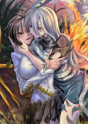  2girls asymmetrical_wings black_dress black_hair black_skirt bone breasts burn_scar commentary_request commission dress feathered_wings feathers fire grey_hair half_mask hand_on_another's_face highres holding holding_mask huge_breasts iwanaga_ariya kiss kissing_cheek large_breasts long_hair long_sleeves mask multiple_girls niwa_(njy) red_eyes sash scar shirt short_hair short_sleeves skeb_commission skeletal_wings skirt torn_clothes touhou twitter_username unworn_mask very_long_hair white_shirt wings yuiman_asama yuri 