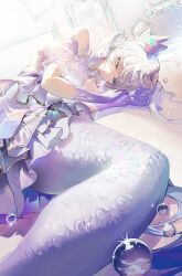  1girl alternate_costume blue_eyes broken_glass broken_mirror commentary crack cracked_glass dress face_jewel glass gloves head_wings highres honkai:_star_rail honkai_(series) jewel_under_eye lying merfolk mermaid mirror monster_girl purple_dress purple_gloves robin_(honkai:_star_rail) scales solo totomong untranslatable_commentary water white_hair white_wings wings 