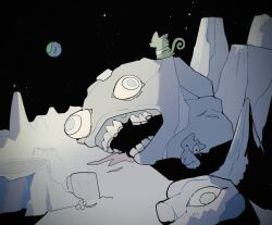  bandages cat commentary earth_(planet) english_commentary highres man_in_the_moon_(mewgenics) mewgenics no_humans on_moon open_mouth planet rock scenery sky soumenhiyamugi space star_(sky) starry_sky teeth tombstone 