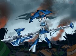  1girl after_battle axe blue_hair blue_skirt colored_skin commentary damaged day dishwasher9 english_commentary full_body grin holding holding_axe huge_weapon humanoid_robot jenny_wakeman joints mechanical_hair metal_skin miniskirt my_life_as_a_teenage_robot outdoors red_eyes robot robot_joints sideways_glance skirt smile solo standing twintails v-shaped_eyebrows weapon white_skin 