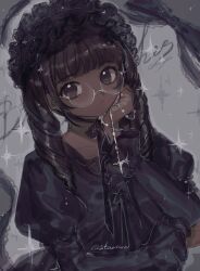  1girl black_dress black_eyes black_hairband brown_hair commentary dark-skinned_female dark_skin dress english_commentary frilled_sleeves frills glasses gothic_lolita hairband hand_on_own_cheek hand_on_own_face highres juliet_sleeves light-skinned_palms lolita_fashion lolita_hairband long_hair long_sleeves photo-referenced puffy_sleeves real_life ringlets round_eyewear semi-rimless_eyewear solo sparkle stariwei under-rim_eyewear upper_body white-framed_eyewear 