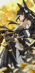  1girl absurdres animal_ear_fluff animal_ears bare_shoulders black_dress black_gloves black_hair commentary_request dress fingerless_gloves flower fox_ears fox_girl from_side gloves hair_flower hair_ornament highres holding holding_sword holding_weapon hoshimi_miyabi hoshimi_miyabi_(dignified_blossom) japanese_clothes katana long_hair looking_at_viewer official_alternate_costume parted_lips red_eyes rena_(rena_emc2) sheath sheathed single_fingerless_glove single_glove solo sword two-tone_dress weapon white_dress white_flower zenless_zone_zero 